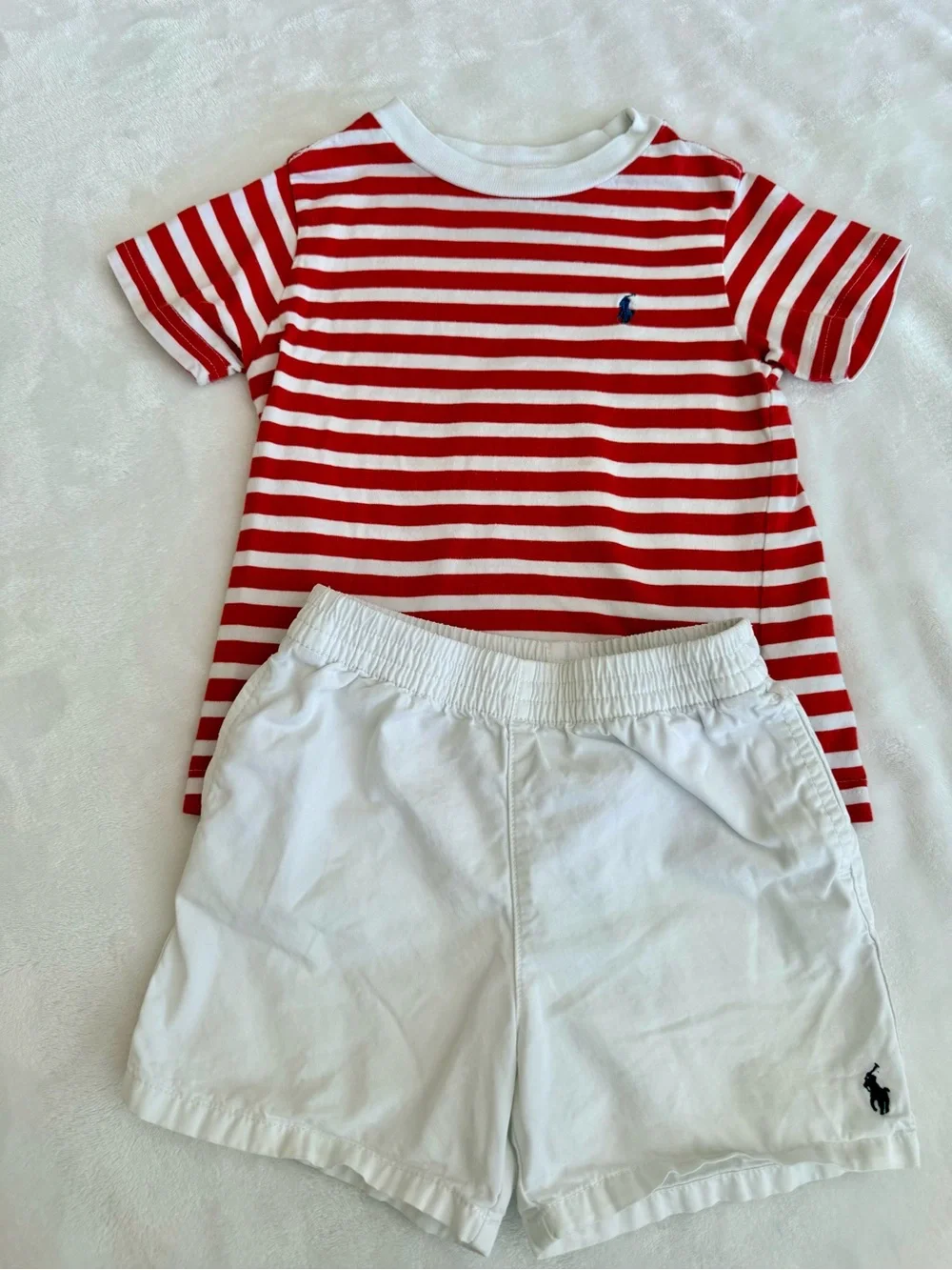 Toddler Boy Polo Ralph Lauren Red & White Striped Tee (2T) & White Shorts (18M)